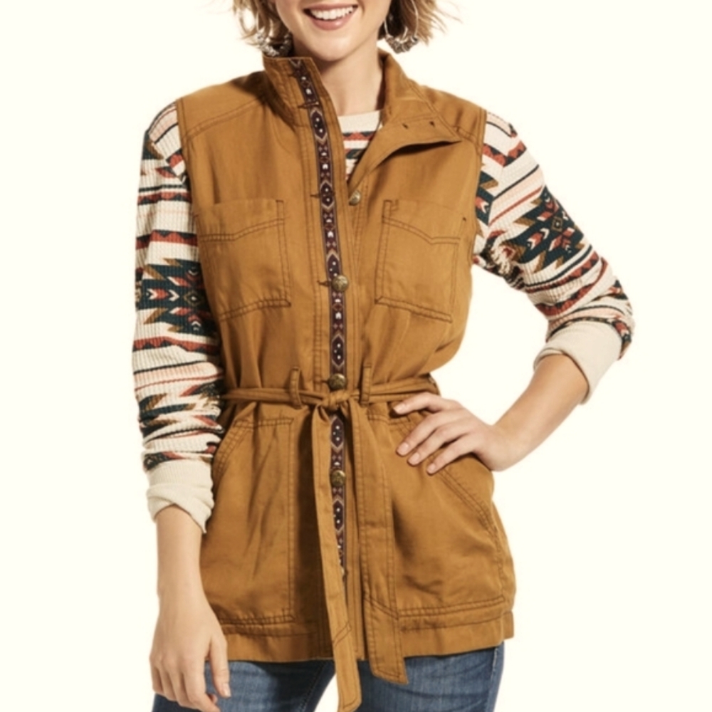 Ariat Tan Belted Vest with Patterned Sleeves